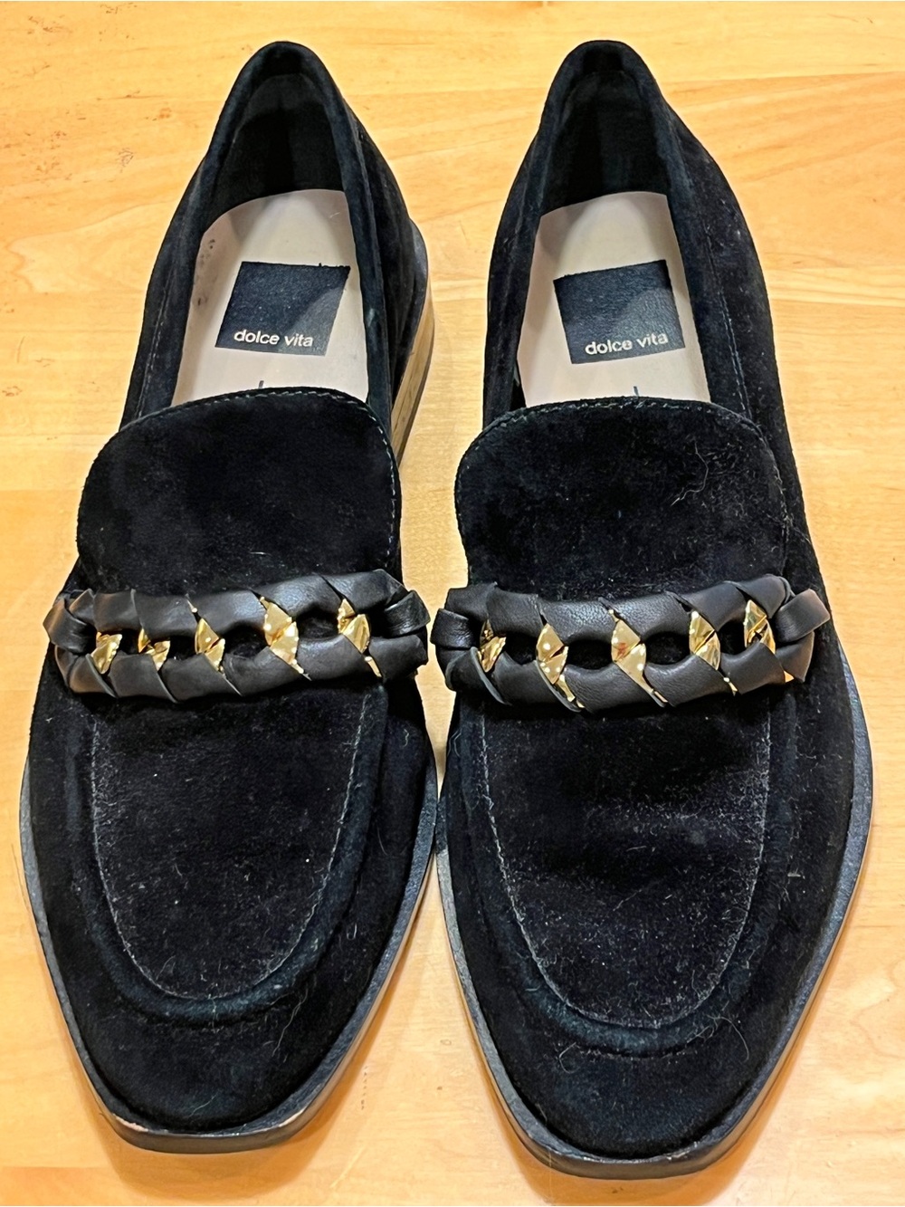 Dolce Vita Black Suede Loafers with Gold-Tone Braided Chain